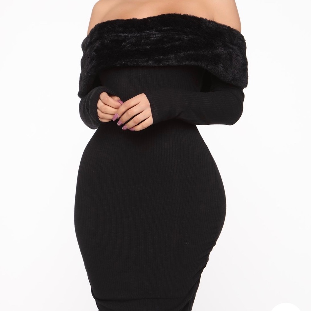 Black Off The Shoulder Fur Dress